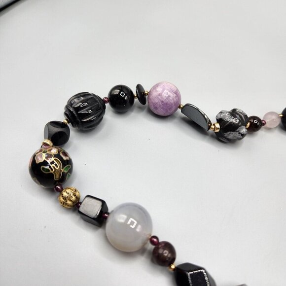 Stone Bead Necklace Rose Quartz Snowflake Obsidian Cloisonne Gradient 30" - Picture 8 of 13